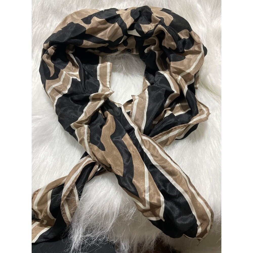Silk Blend Scarf With Black & Beige Abstract Pattern By Usna